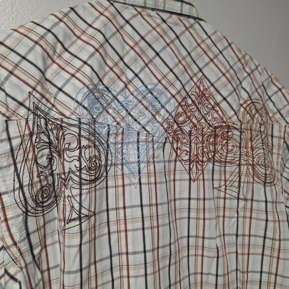 Marc Ecko Snap Down Shirt Short Sleeve Embroidered Mens Large Card Suite Poker T - Picture 8 of 13